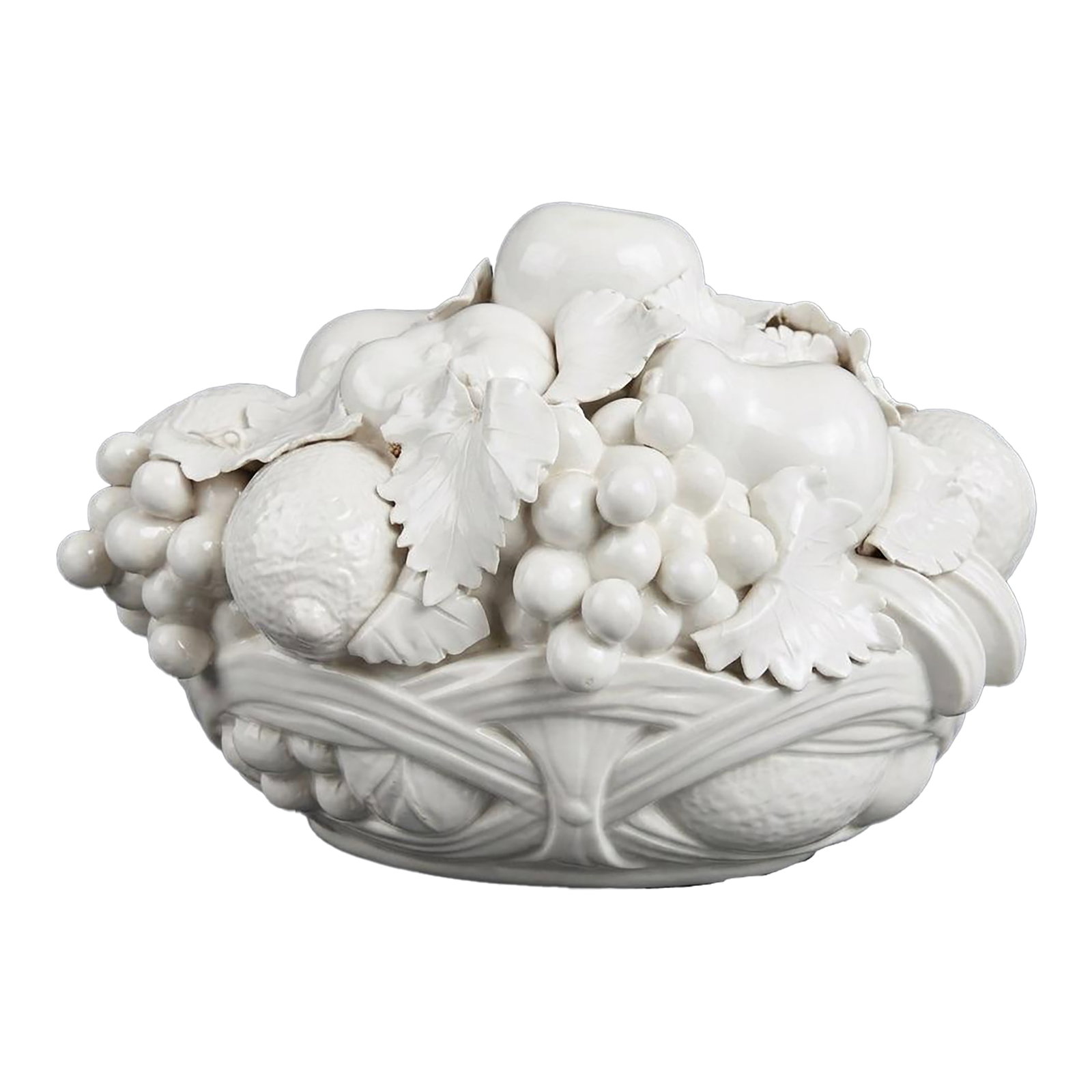 1970s Italian Hollywood Regency Blanc De Chine Trompe L'Oeil Fruit Basket: This Mid-Century modern Italian porcelain centerpiece bowl features a striking monochromatic aesthetic that captures the essence of classic Hollywood Regency style. Designed in the highly collectible 
