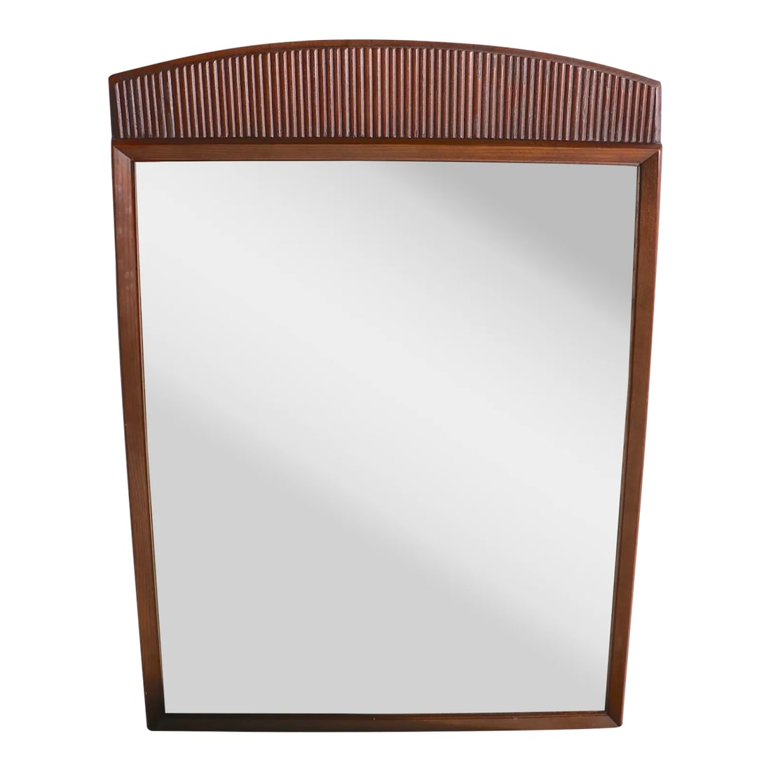 Mid Century Wall Mirror 1st Edition by Lane Ca. 1960's: Chic walnut frame wall hanging mirror, having an arched top with fluted surface, and an asymmetrical frame. The mirror is a part of the classic 1st Edition series, manufactured by noted American