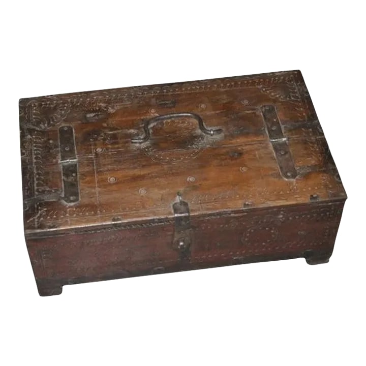 Vintage Rustic Wooden Cash Box: Dimensions: 17" W x 10" D x 6" H This vintage money box once belonged to a merchant.It is crafted from Teak wood with metal banding around it.Original hasp and staple is intact. Cash Boxes or