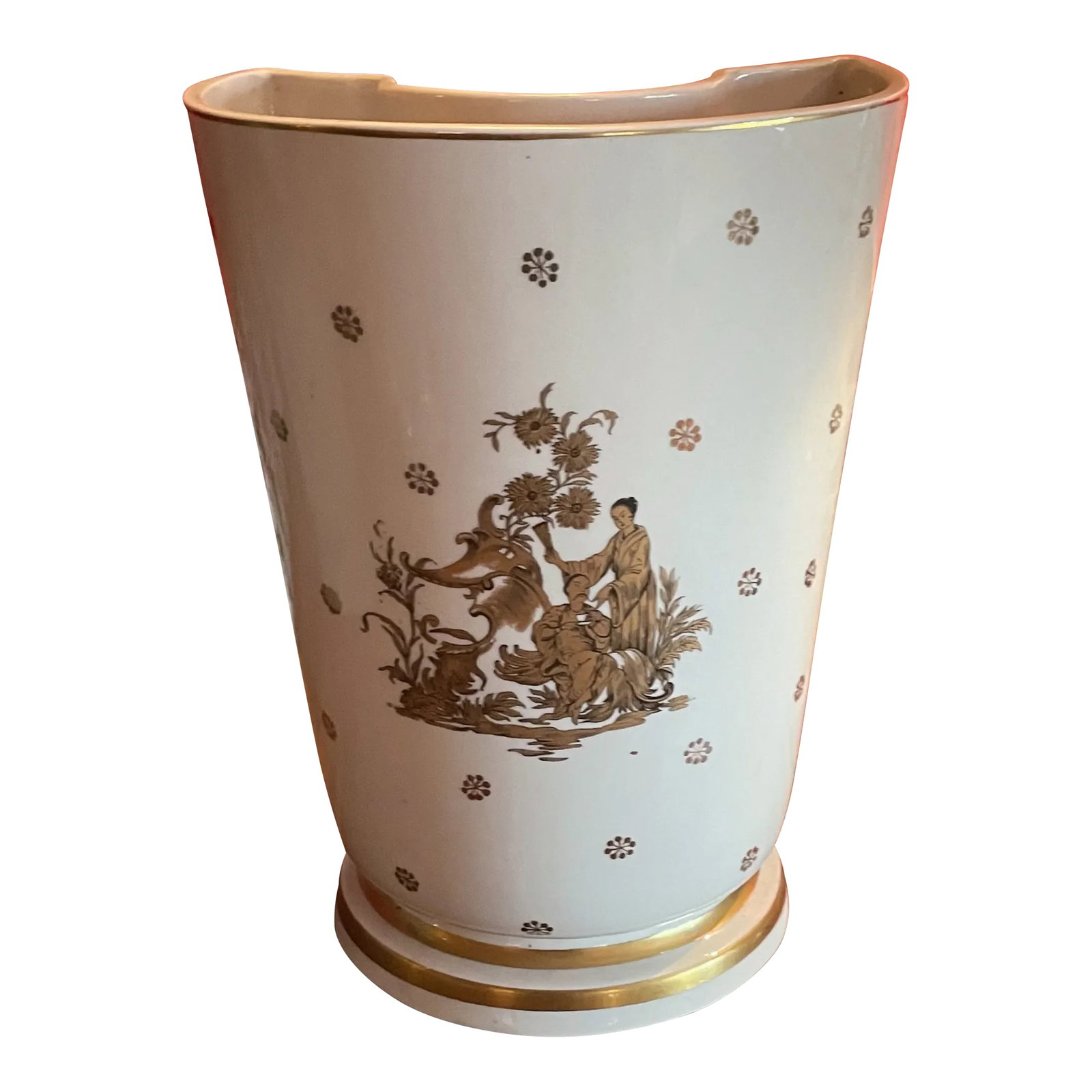 1940s Chinoiserie Ceramic Demilune Vase Lamp in Gold and White: This is a very strange but lovely piece. It is a lamp but it is also a flower vase. Usually such combinations are horrid. This one seems to work okay. Combining gold chinoiserie and a white ceramic