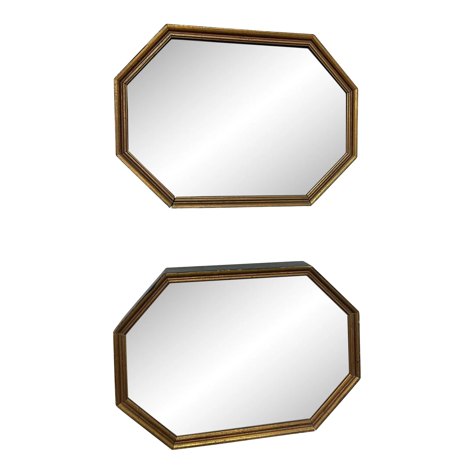 1920s Framed Cast Plaster Intaglios- a Pair: Both framed in octagonal frames that are gold in the front and a lagoon green on the sides. The intaglios themselves are set on black fabric and they measure 3.75 square. And depict neoclassical scene