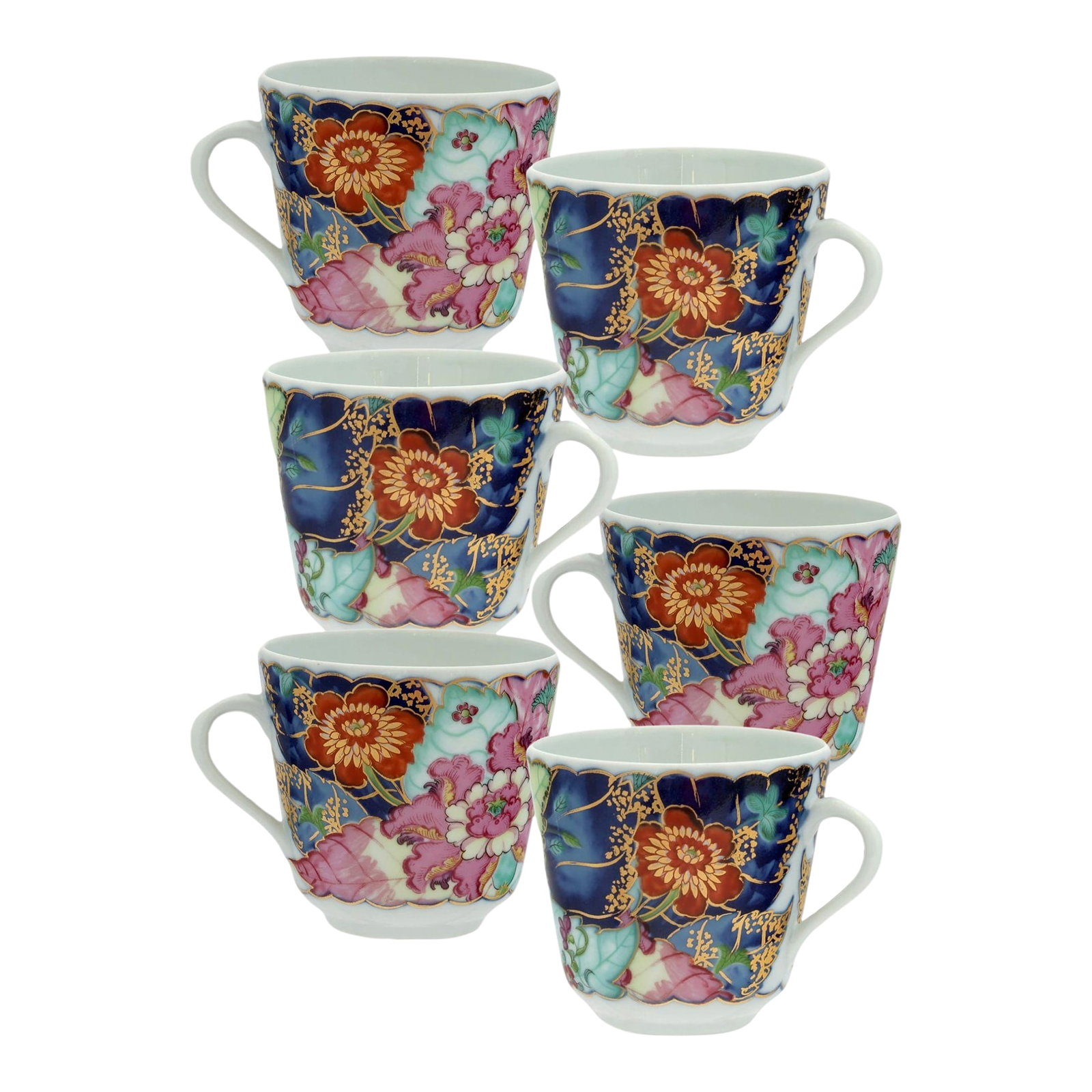 Mottahedeh Tobacco Leaf Flat Cups, Set of 6: A set of six Mottahedeh Tobacco Leaf flat cups crafted in Portugal. Rich jewel-tone florals and gilding make this iconic pattern perfect for tea, coffee, or display. Discover exquisite treasures from 