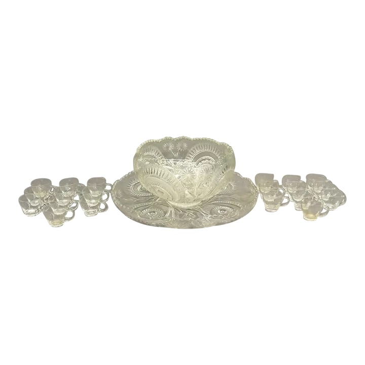 19th Century Antique Cut Glass Punch Bowl Set- 22 Pieces: Nothing says party like a fabulous punchbowl. We have two. One for the kids and one for the grown ups. This one is your classic heavy bowl and platter. The heave has a deep lip to prevent spillage