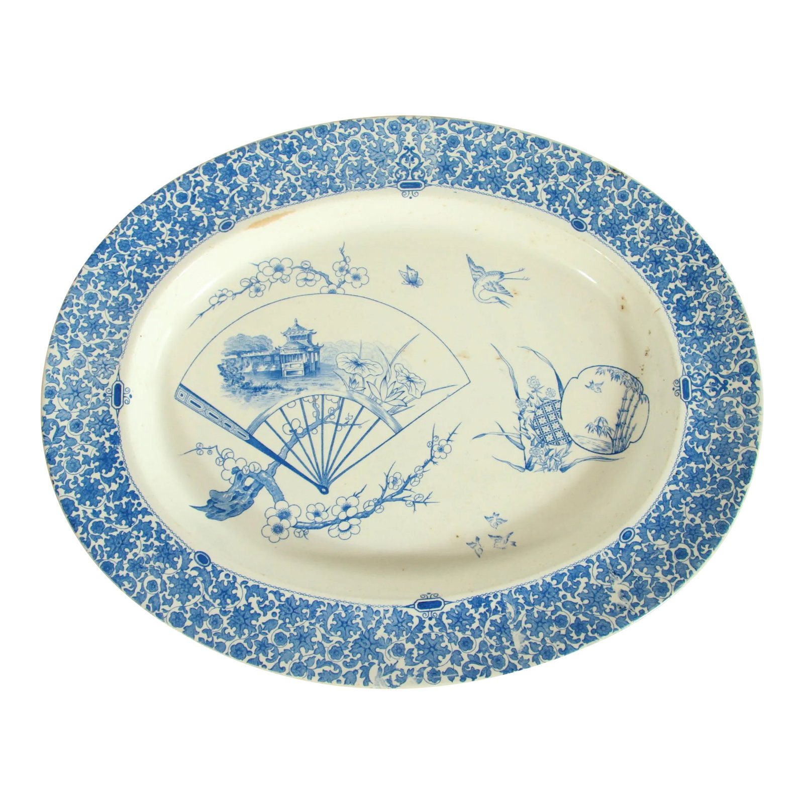 Antique 1870's Copeland Pottery Blue & White Chinoiserie Serving Platter: Fabulous antique c.1870's blue & white pottery serving platter, by W.T. Copeland & Sons of Stoke-on-Trent in a classic Chinoiserie panel design! It measures 18 3/4" by 15" wide and 1 1/2" tall. It is 