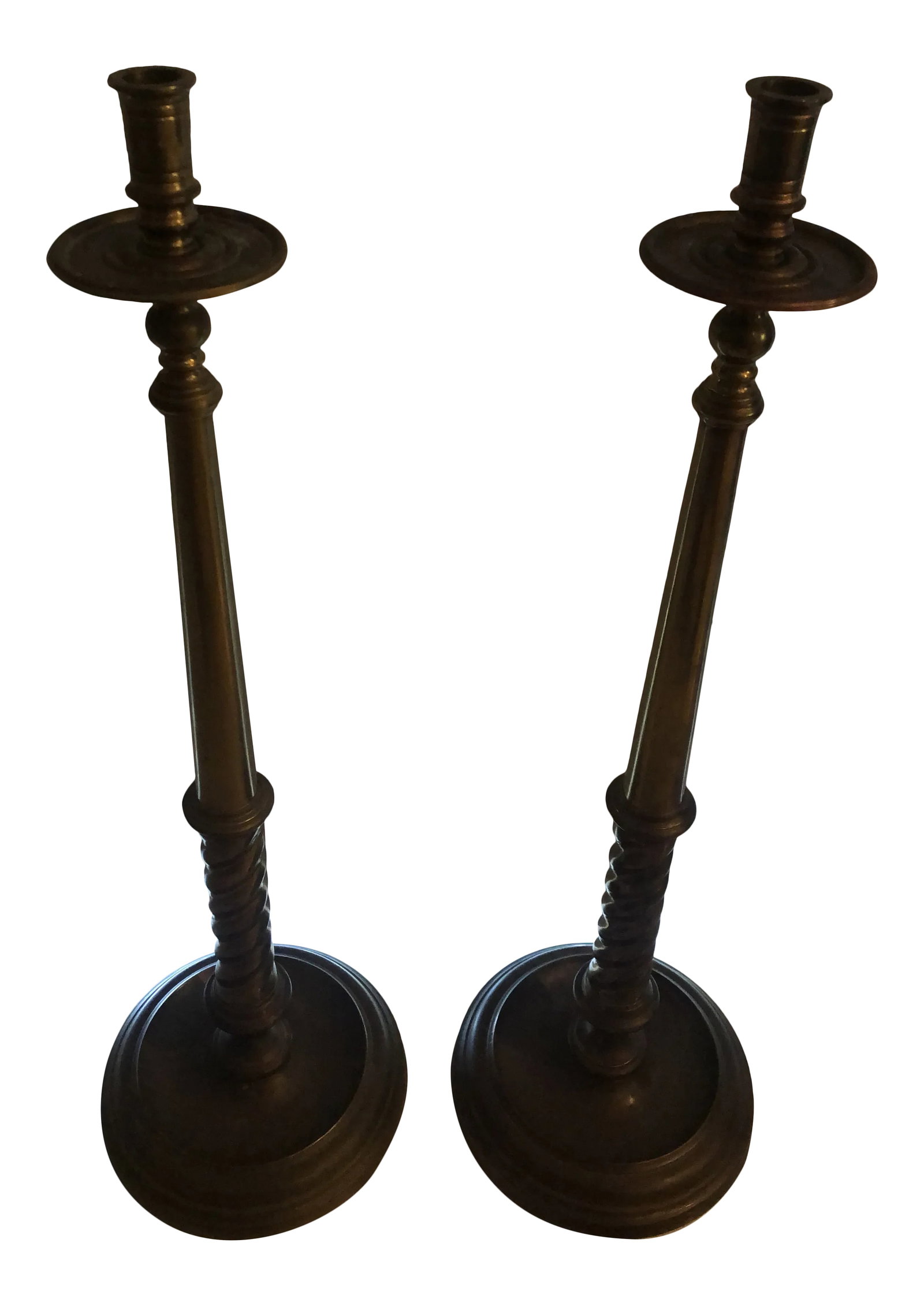 Vintage Maitland Smith Brass Candle eSticks - a Pair: Pair of vintage Maitland Smith heavily patinated brass candlesticks with round base it bears the Maitland Smith gold foil label on the bottom. Condition: Alterations: Original Condition Unaltered