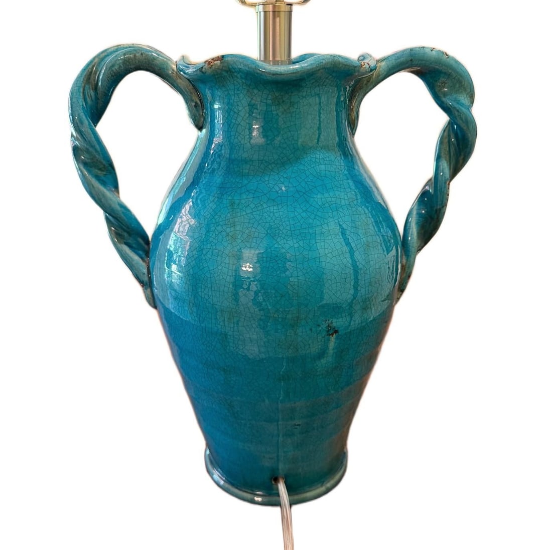 Contemporary Coastal Tuscan Style Glazed Handled Pottery Urn Lamp - 4
