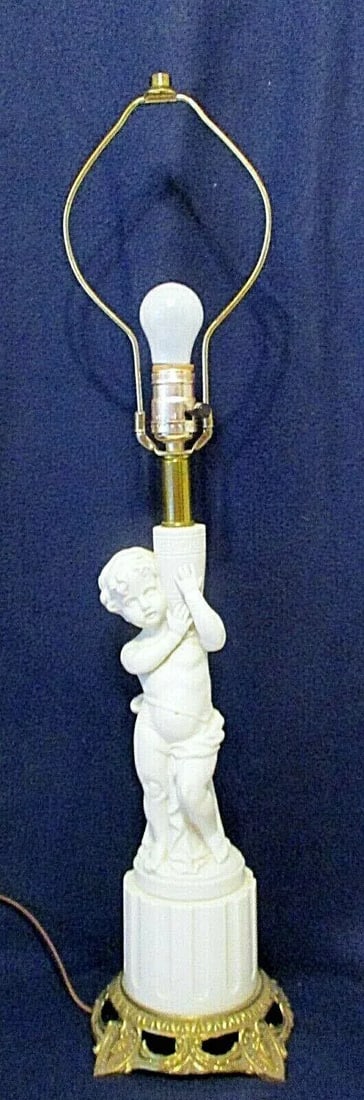1950s Vintage White Bisque Porcelain Cherub on Column With Gilt Bronze Base Table Lamp - 12