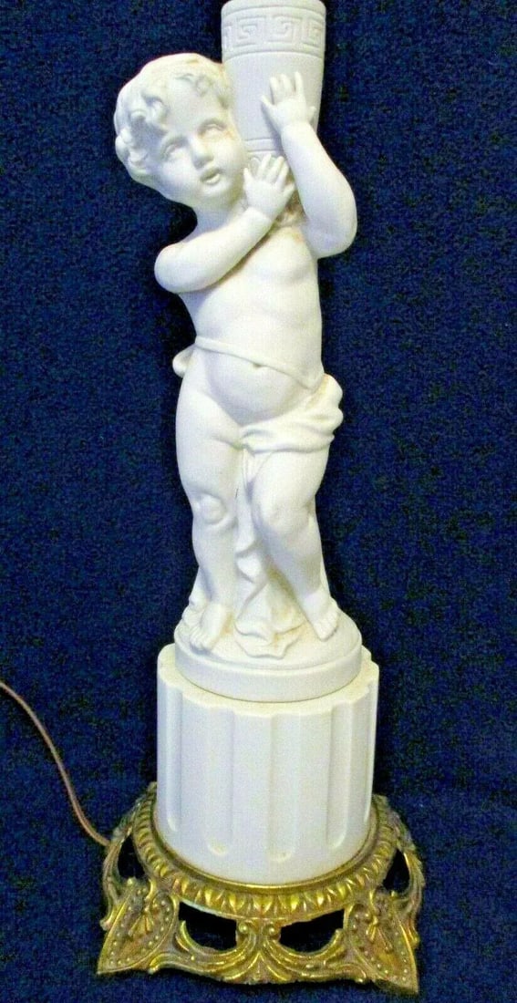 1950s Vintage White Bisque Porcelain Cherub on Column With Gilt Bronze Base Table Lamp - 2
