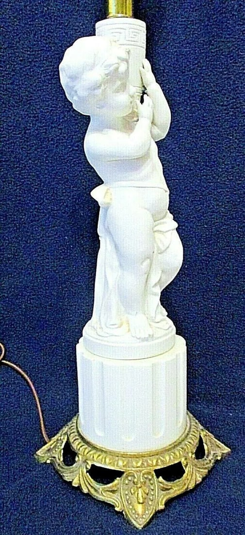 1950s Vintage White Bisque Porcelain Cherub on Column With Gilt Bronze Base Table Lamp - 6