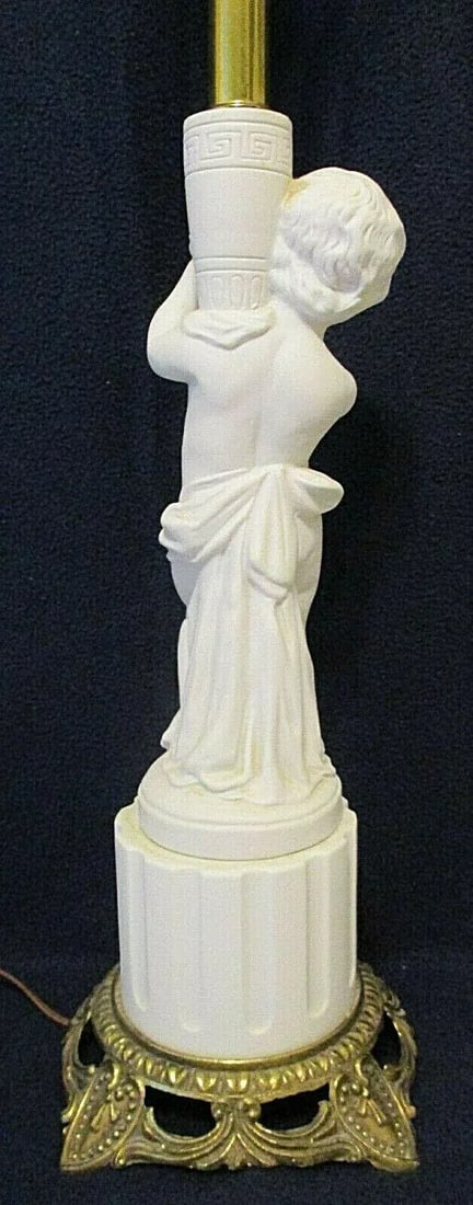 1950s Vintage White Bisque Porcelain Cherub on Column With Gilt Bronze Base Table Lamp - 7
