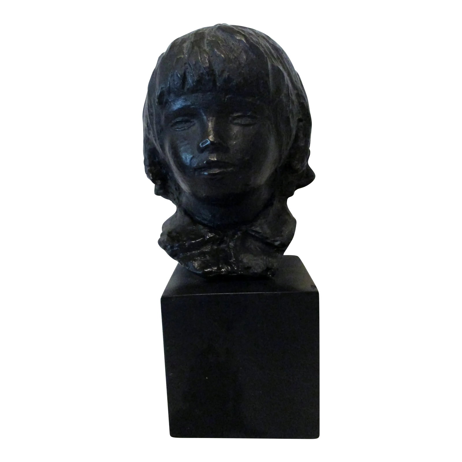 1970s Amr Spadem Stone Sculpture Black Bust of Child on Stone Base: AMR Spadem Stone Sculpture Black Bust of Child on Stone Base Style: Realism Item Height: 6.5 in Item Width: 7.50 Item Length: 7.50 in Material: Stone Time Period Produced: 1970-1979 Format: Bust