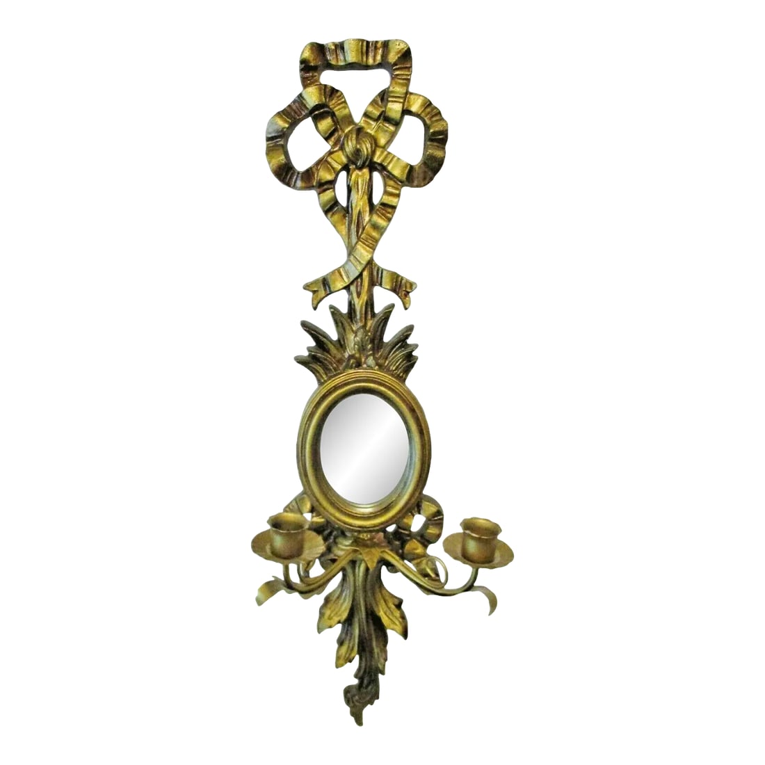 1960s Vintage Italian Giltwood Bow Top Botanical Decor Mirror Two Candle Wall Sconce (1 of 11)