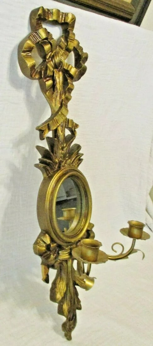 1960s Vintage Italian Giltwood Bow Top Botanical Decor Mirror Two Candle Wall Sconce - 3