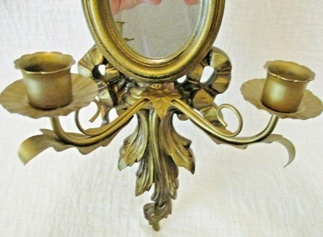 1960s Vintage Italian Giltwood Bow Top Botanical Decor Mirror Two Candle Wall Sconce - 6