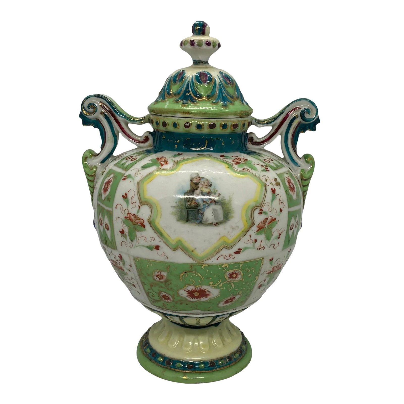 Vintage French Porcelain Hydria Shaped Lidded Urn: Beautiful Vintage French Porcelain Hydria Shaped Lidded Urn. This stunning Urn has one scene of young children playing and a second scene of a blooming peony surrounded by daisies. There are other flo