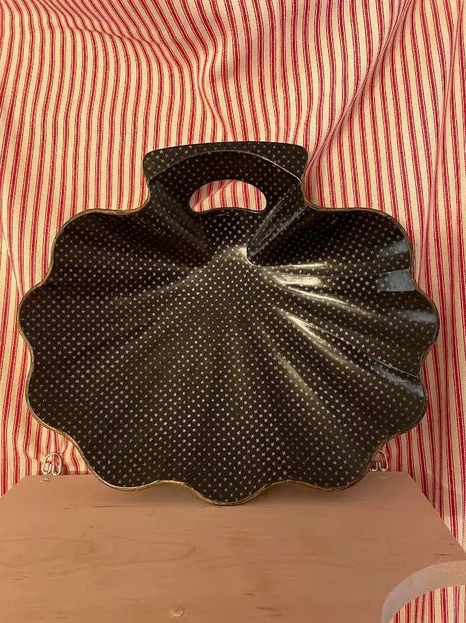 Antique Japanese Papier MachA(C) Black Lacquer Shell Dish Decorated With Stars Chinoiserie Bowl - 4