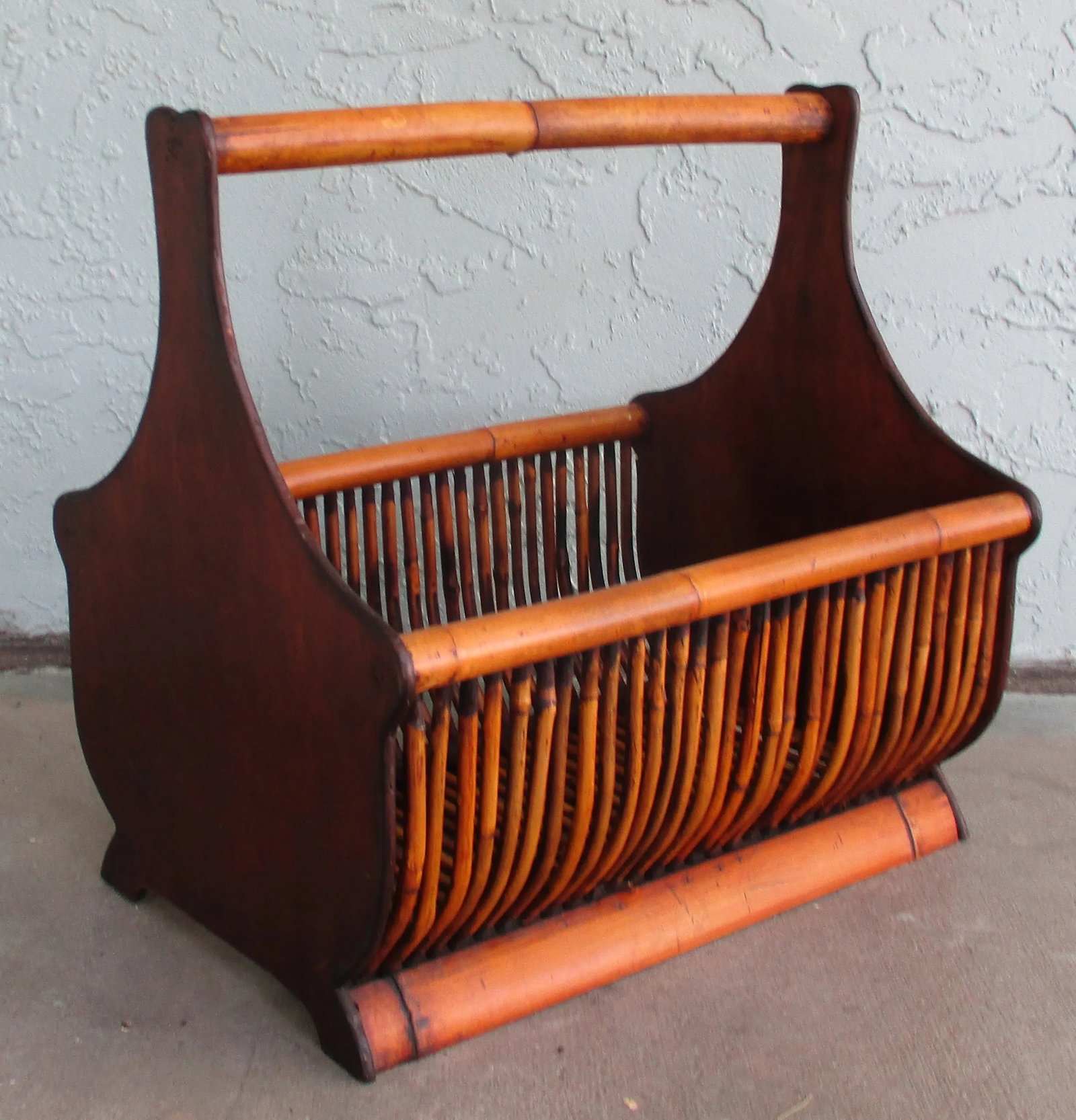 Vintage Large Faux Bamboo Magazine Rack Basket With Wooden Ends and Flat Base - 12