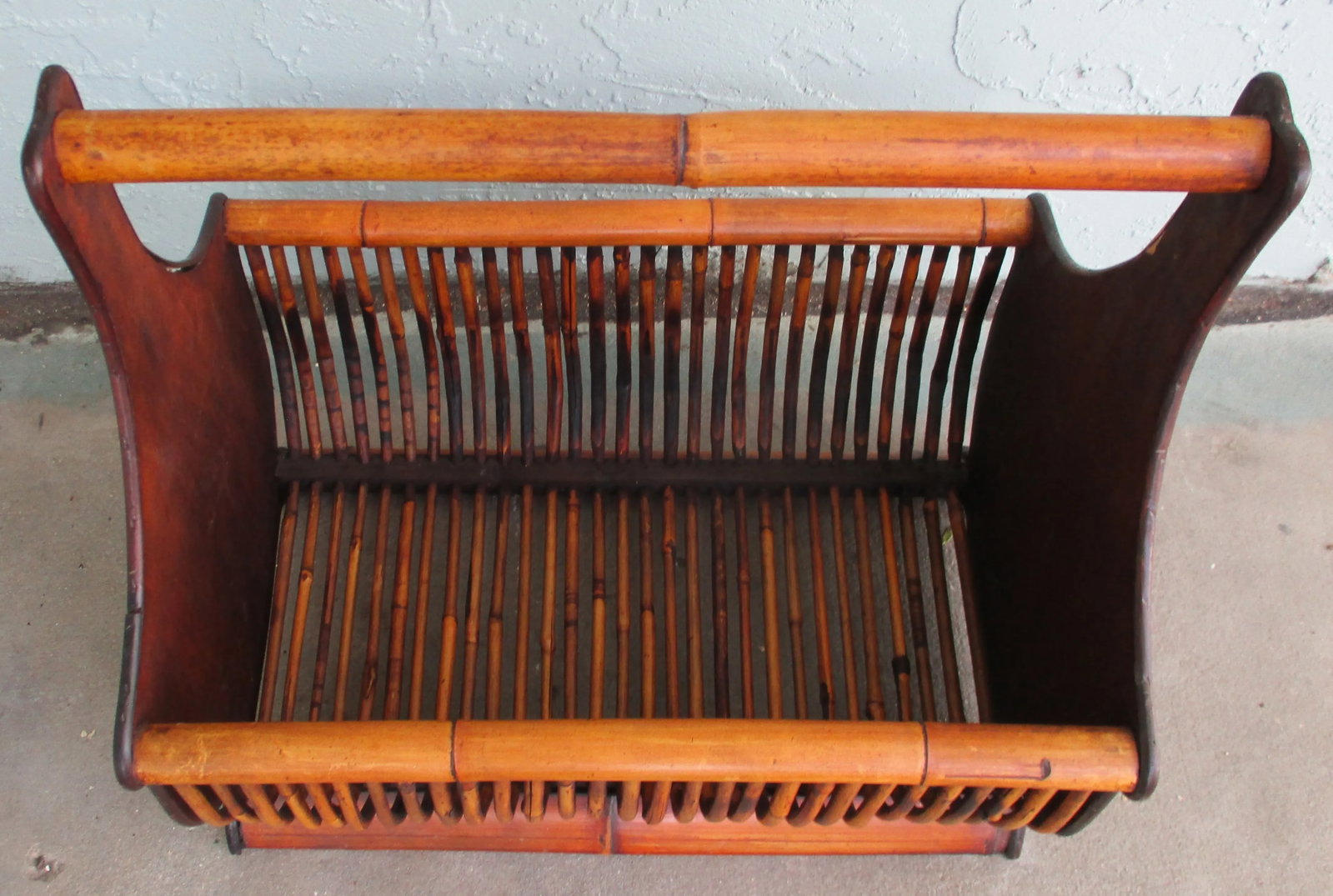 Vintage Large Faux Bamboo Magazine Rack Basket With Wooden Ends and Flat Base - 6