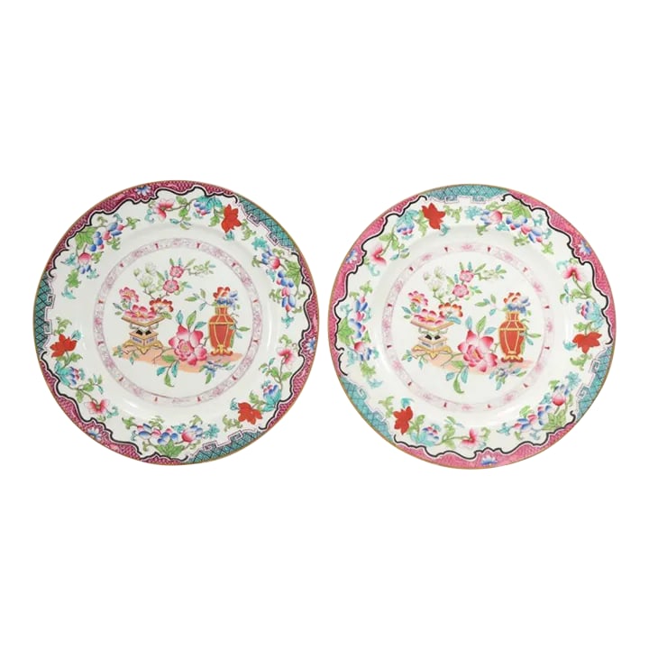 1920s Minton's Porcelain Plates in the Poonah Pattern- a Pair: Lovely pair of dinner plates by Minton. Perfect to hang on a wall or add to your set. 10.5 inches in diameter Condition: Alterations: Original Condition Unaltered Imperfections: Some Imperfections