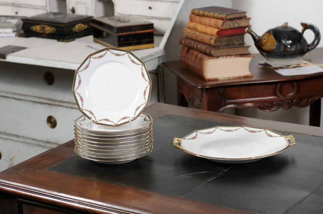 Antique French Larcheveque UML Limoges Porcelain Dessert Plates and Platter Set- 11 Pieces - 2