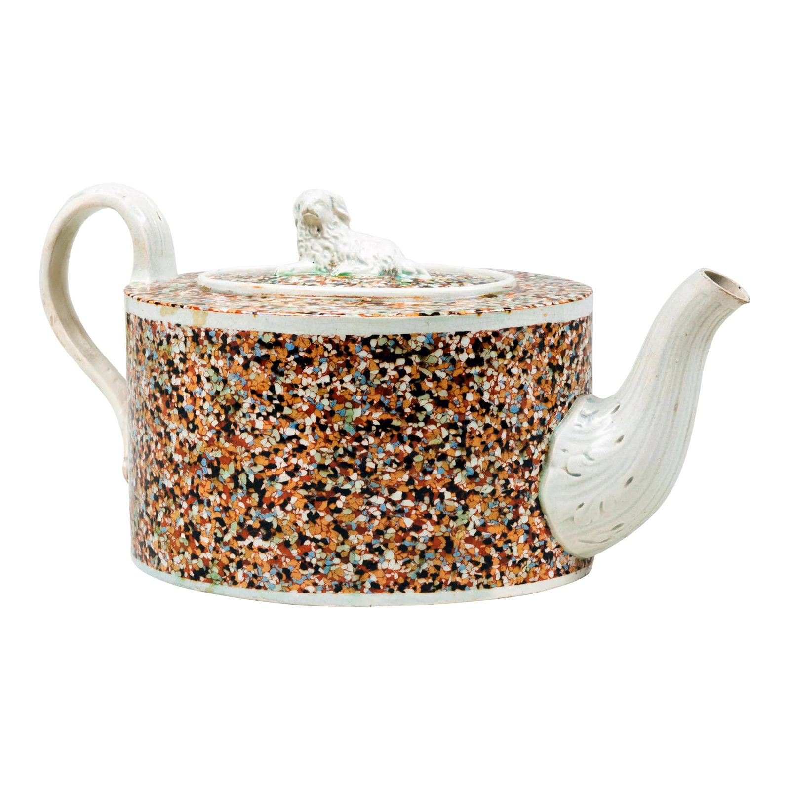 Staffordshire Pearlware Teapot and Spanial Finial on Cover With Inlaid Agate Surface: Staffordshire Pearlware Teapot and Cover with Inlaid Agate Surface, Attributed to the Ralph Wood Family, Circa 1780, The squat oval pearlware pottery teapot has a recumbent Spaniel as the finial. The