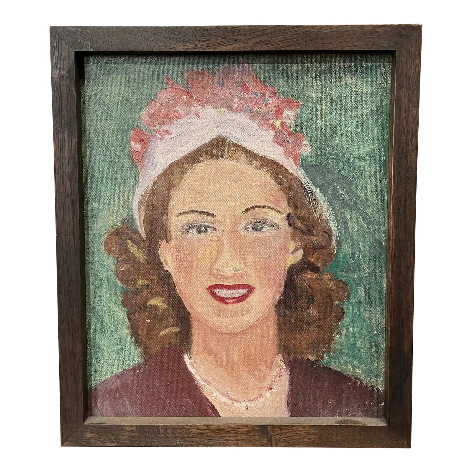 Circa 1940s French Portrait Oil Painting of a Woman Wearing a Hat with Roses, Framed: The Susie Tompkins Buell collection of women's portraits was a long time in the making. She started collecting these in the mid 70s and amassed them over the course of many years at flea markets. She