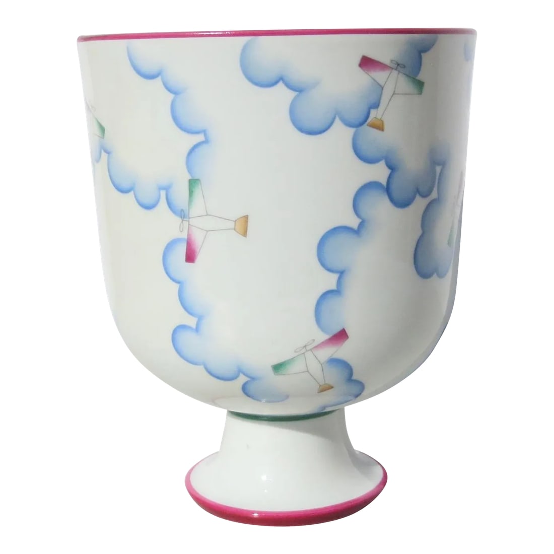 Vintage Re-Edition 1980s' Gio Ponti "Alata" Bowl: Gio Ponti for Richard Ginori Porcelain. Circa the 1980s' limited edition No.326 Called Alata bowl, the stylized rolling clouds, and colorful airplanes circle the outside walls. Hallmarked to the