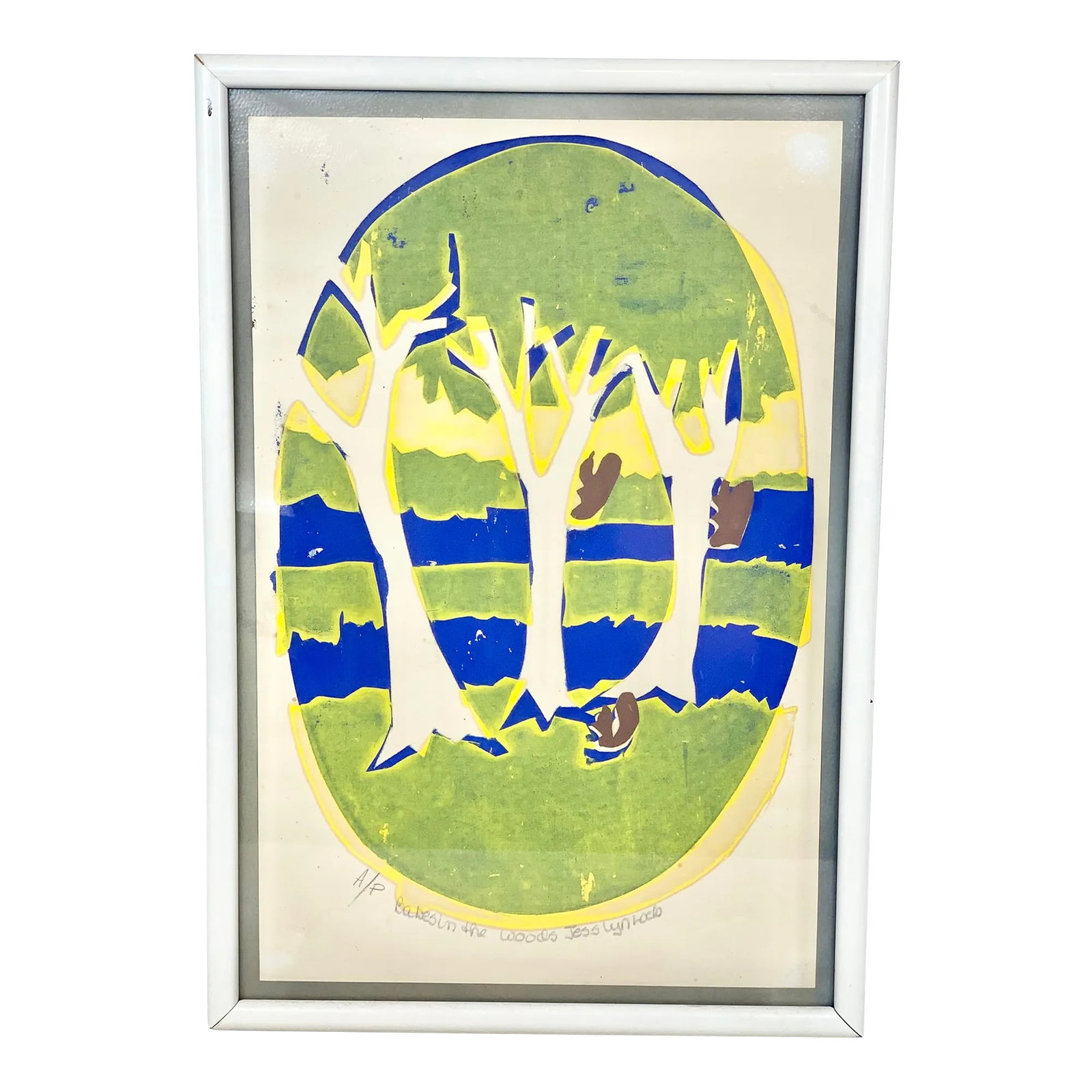 Mid 20th Century "Babes in the Woods" Artists Proof Linocut Print, Framed: Vintage print. An artists proof. Titled "Babes in the Woods". A linocut. Colorful and fun. Perfect to add a pop of color to any art wall. This is a pre-owned item so please see all pictures and ask an