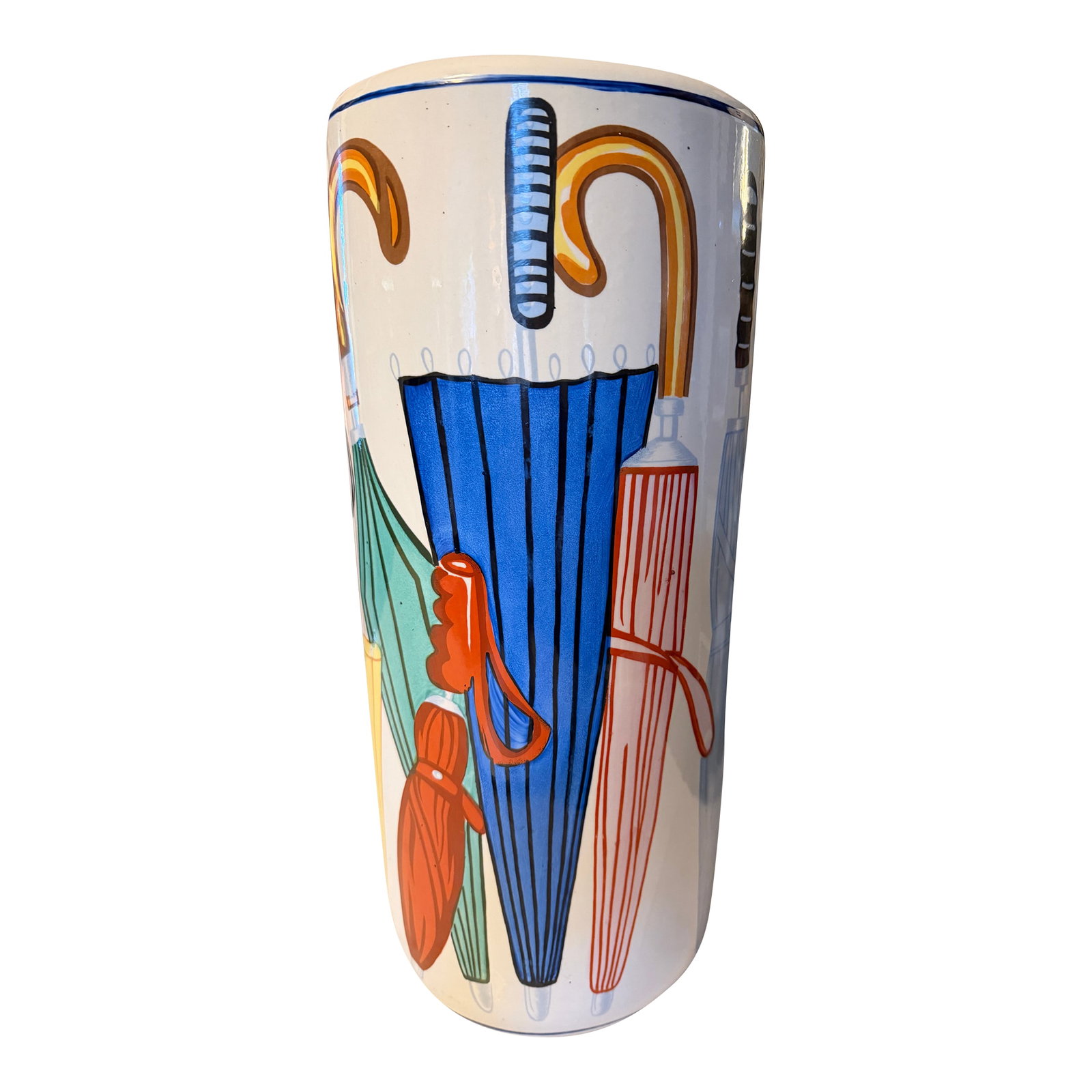 Hand Painted Postmodern 80s Ceramic Umbrella Holder Fornasetti Style Graphic Art: A fabulous, cheekily meta example of 1980s Postmodern design! This striking ceramic umbrella stand features a whimsical, wraparound hand-painted graphic design depicting exactly what it holds-an array