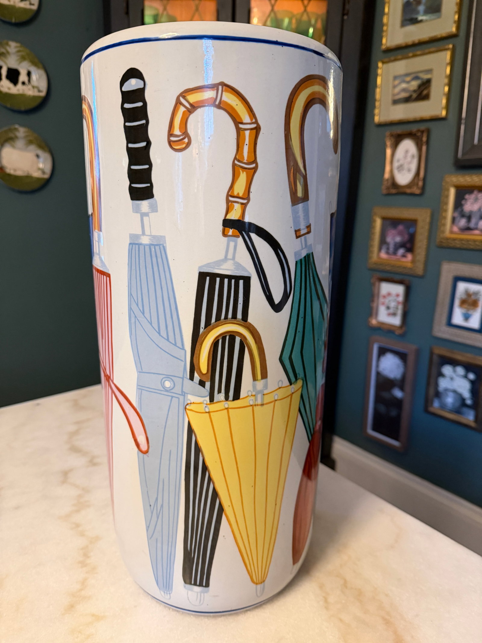 Hand Painted Postmodern 80s Ceramic Umbrella Holder Fornasetti Style Graphic Art - 2