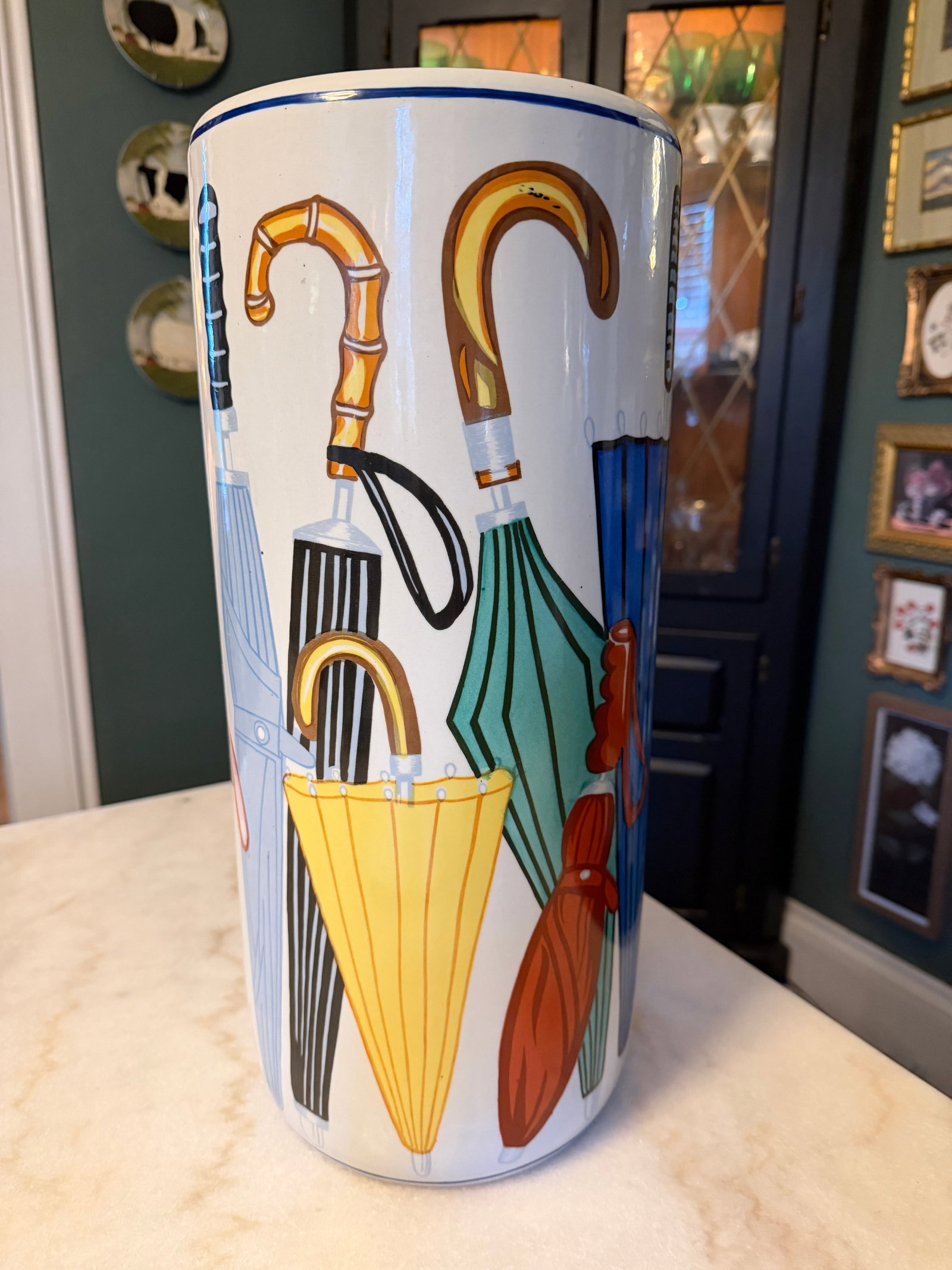 Hand Painted Postmodern 80s Ceramic Umbrella Holder Fornasetti Style Graphic Art - 3