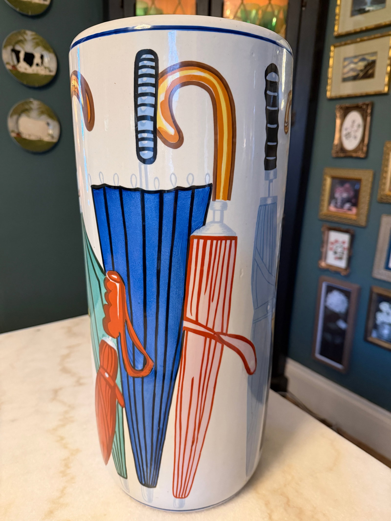Hand Painted Postmodern 80s Ceramic Umbrella Holder Fornasetti Style Graphic Art - 4