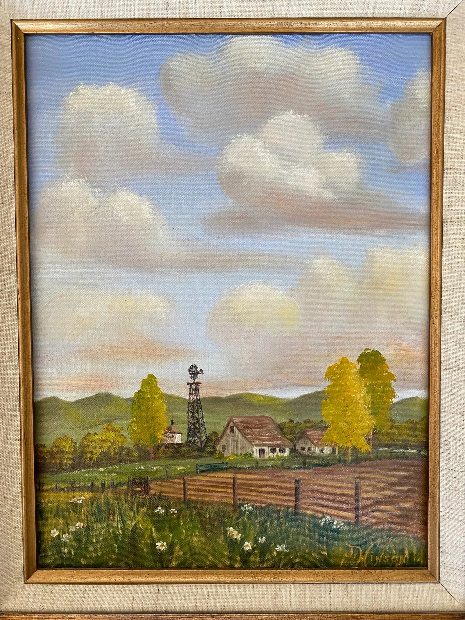 Framed Vintage Mid Century Painting of Farm Landscape - 2