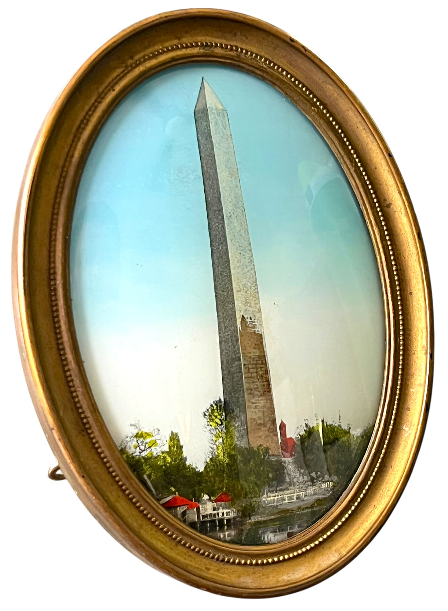 Antique Reverse-Painted Washington Monument Glass Plaque in Oval Brass Frame, Circa 1900 - 2