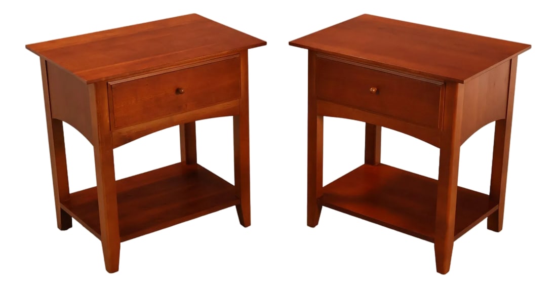 Thomasville 'Impressions' Mission Style Pair of Cherry Nightstands: Quality Pair of Fruitwood Bedside Stands, Each with Single Dovetailed Drawer, Wooden Knob Pull, and Lower Open Shelf Condition: Alterations: Original Condition Unaltered Imperfections: Some