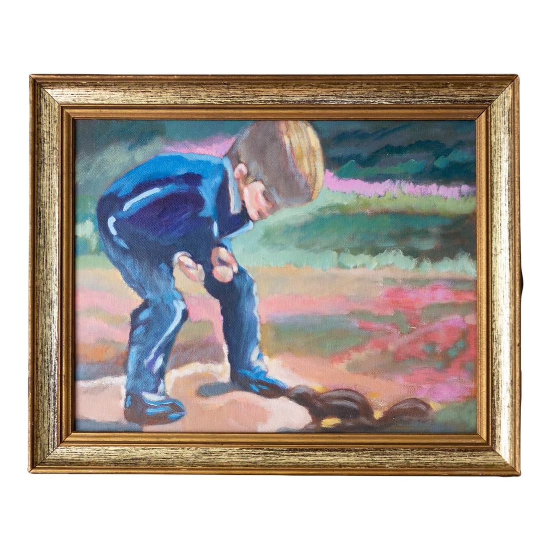 Bright Impressionist Oil Painting by Oregon Artist Boy Meets Squirrel: A bright and colorful impressionist oil painting by Oregon artist Donnis Smith depicts a boy leaning over to converse with a squirrel. Vibrant jewel tones of emerald, sapphire, fuchsia, lilac, coral,