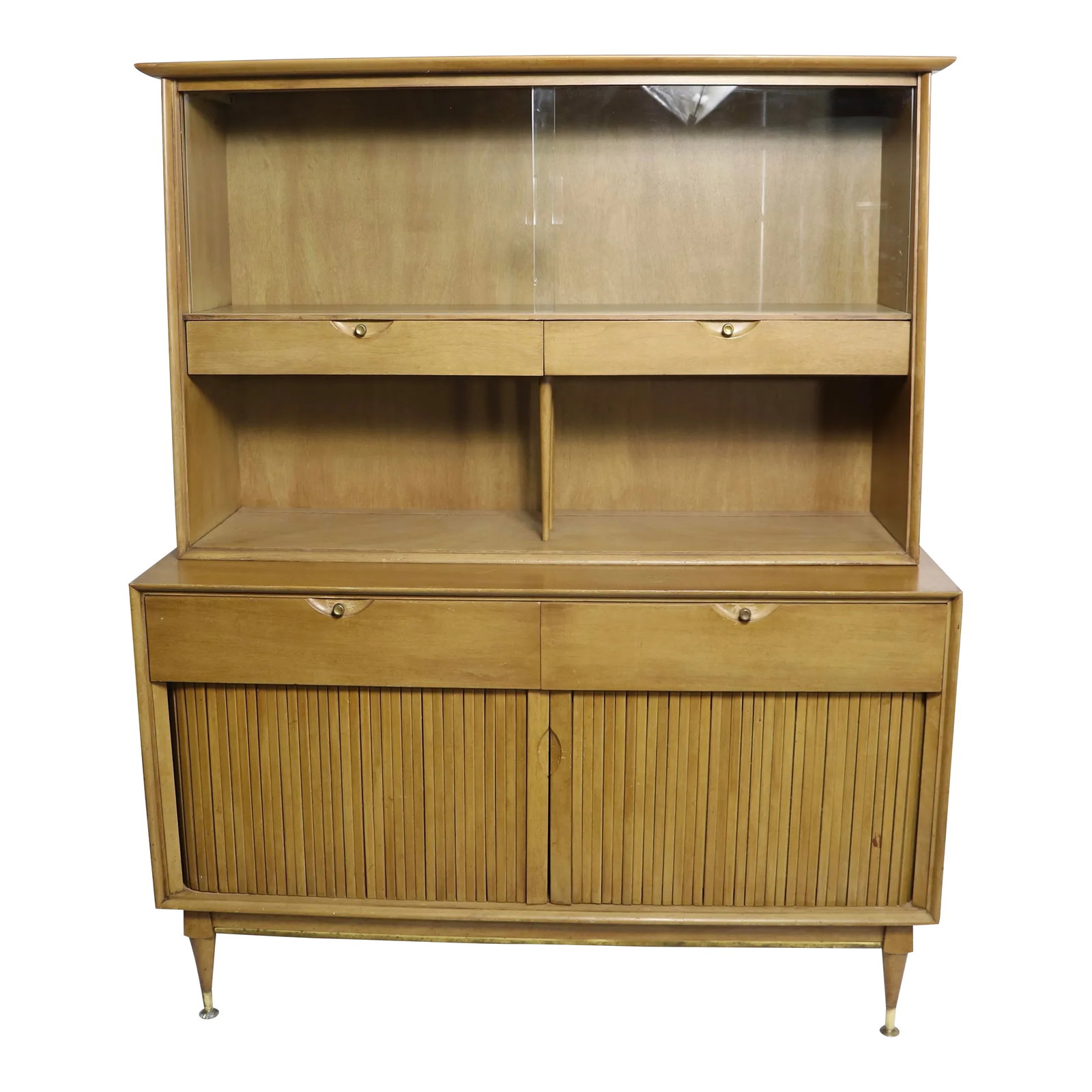 Mid Century China Cabinet Breakfront Att. To American of Martinsville: Mid Century Breakfront, China Cabinet, Hutch, attributed to American of Martinsville. This example features top section which has sliding glass doors, drawers and open storage, this rests on the lower