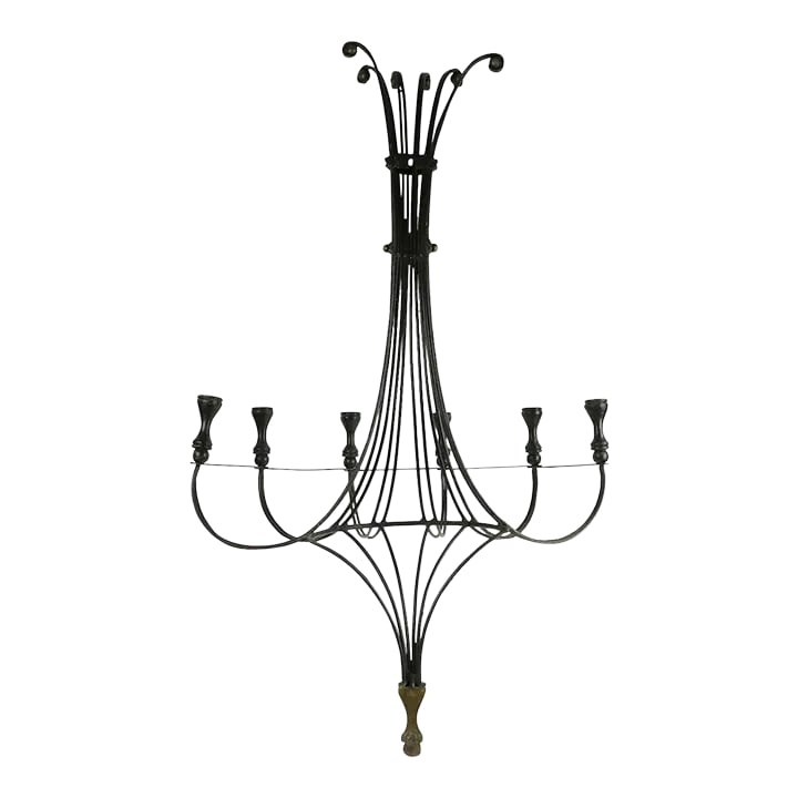 Large Mid Century Iron Brass and Wood Candle Sconce: Large 6-light candle sconce of wrought iron, brass, and wood. The sconce has a wrought iron structure, with turned wood candle cups, and cast brass trim. It is large scale making it a very impressive 