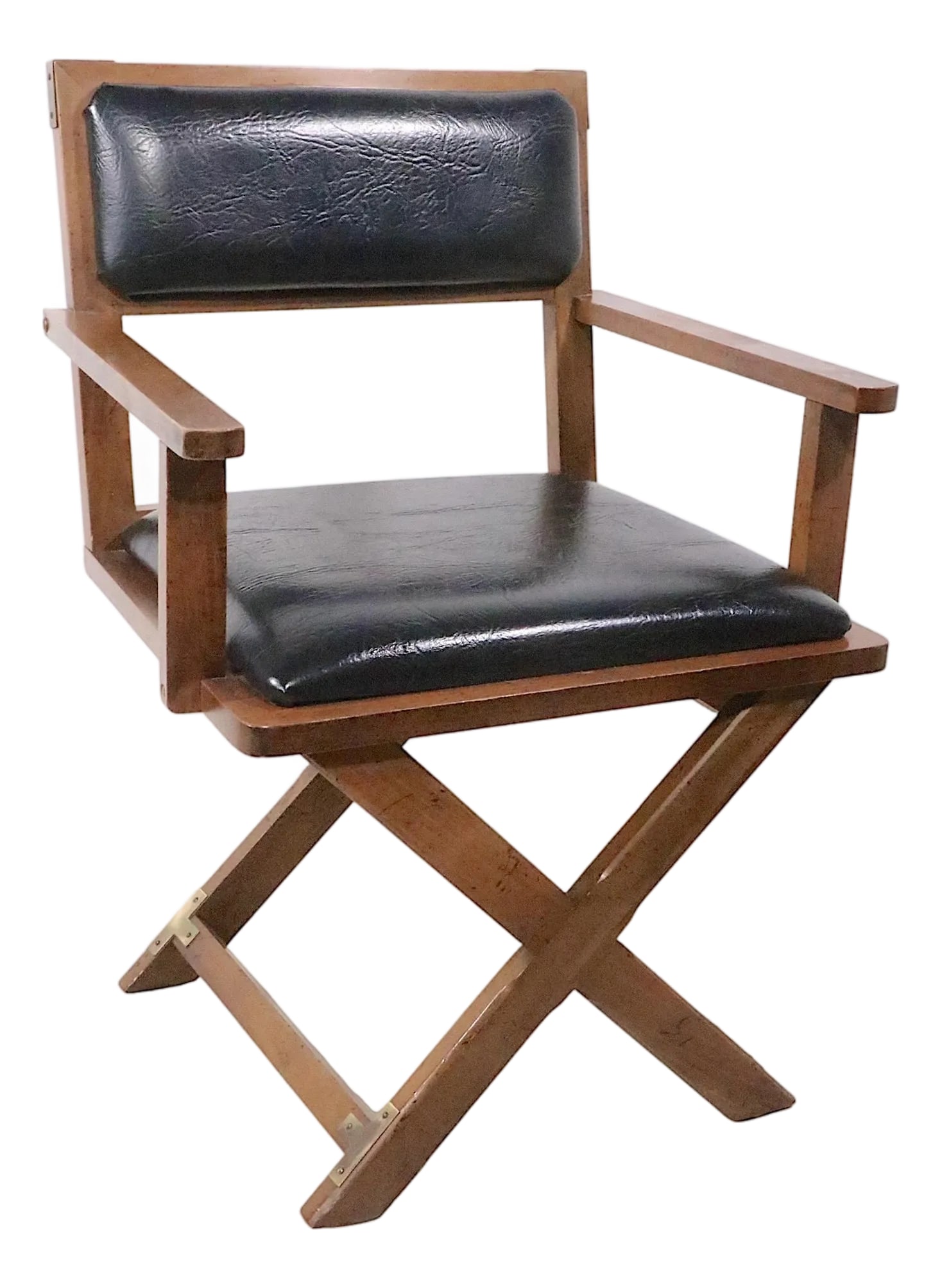 Stylized Directors Chair by Bernhardt C. 1970's: Vintage Directors Chair, made by the Bernhardt Furniture Company, circa 1970's. The chair features a solid wood "X" base frame, with exposed brass joinery. The seat and back cushions are in original