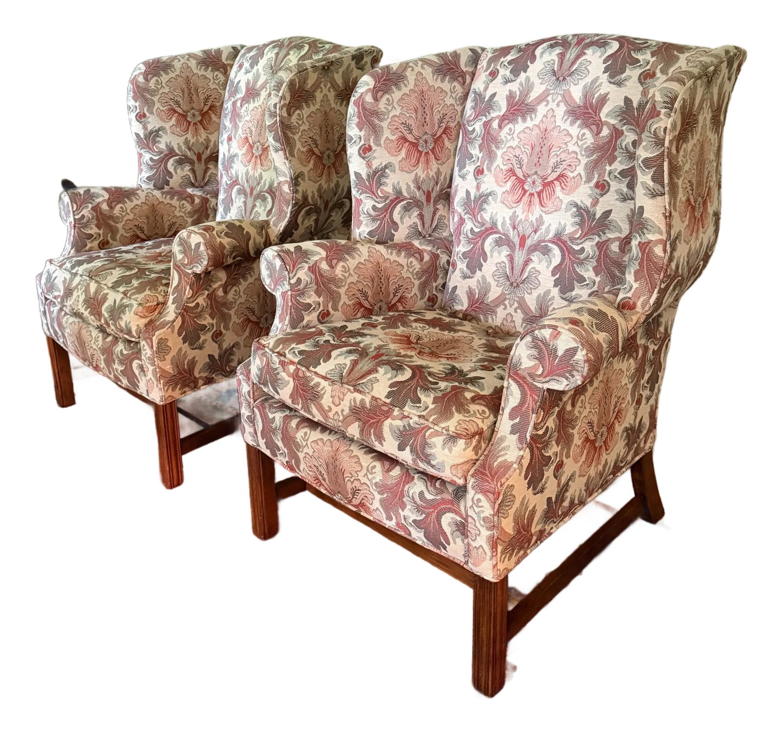 Pair of Jacquard TRS Wingback Chairs: Pair of Jacquard TRS Wingback Chairs Muted earth tones in a heavyweight tapestry weave on a solid, well-constructed frame. These chairs have heft and are sure to be comfortable for even your largest