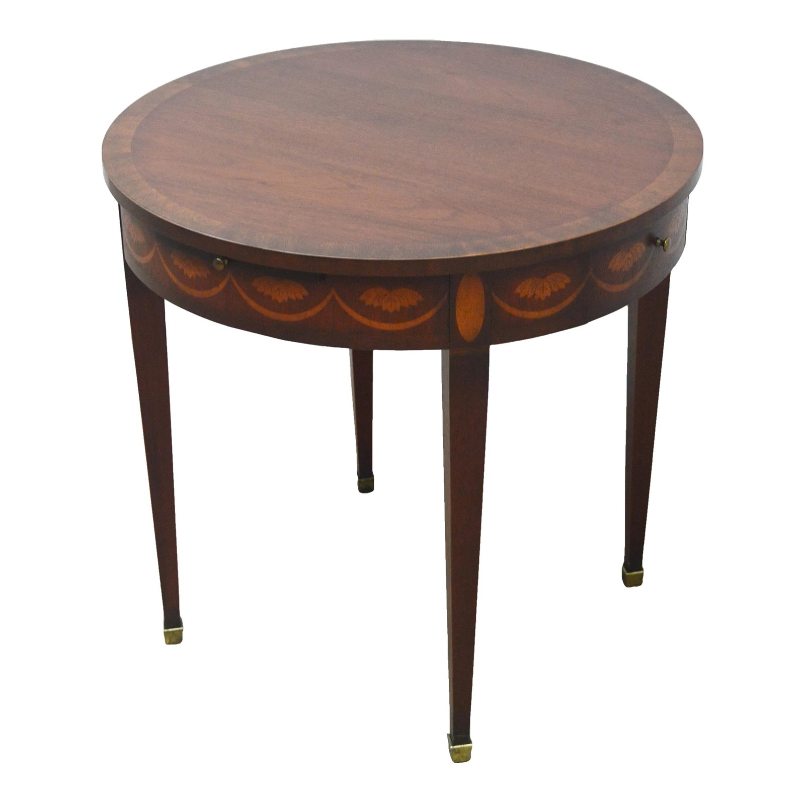 Baker Inlaid Accent Side Table: Accent table by Baker. Store item # 183. It features inlaid wood, two drawers and two pull-out trays. Condition: Alterations: Original Condition Unaltered Imperfections: Some Imperfections Condition N