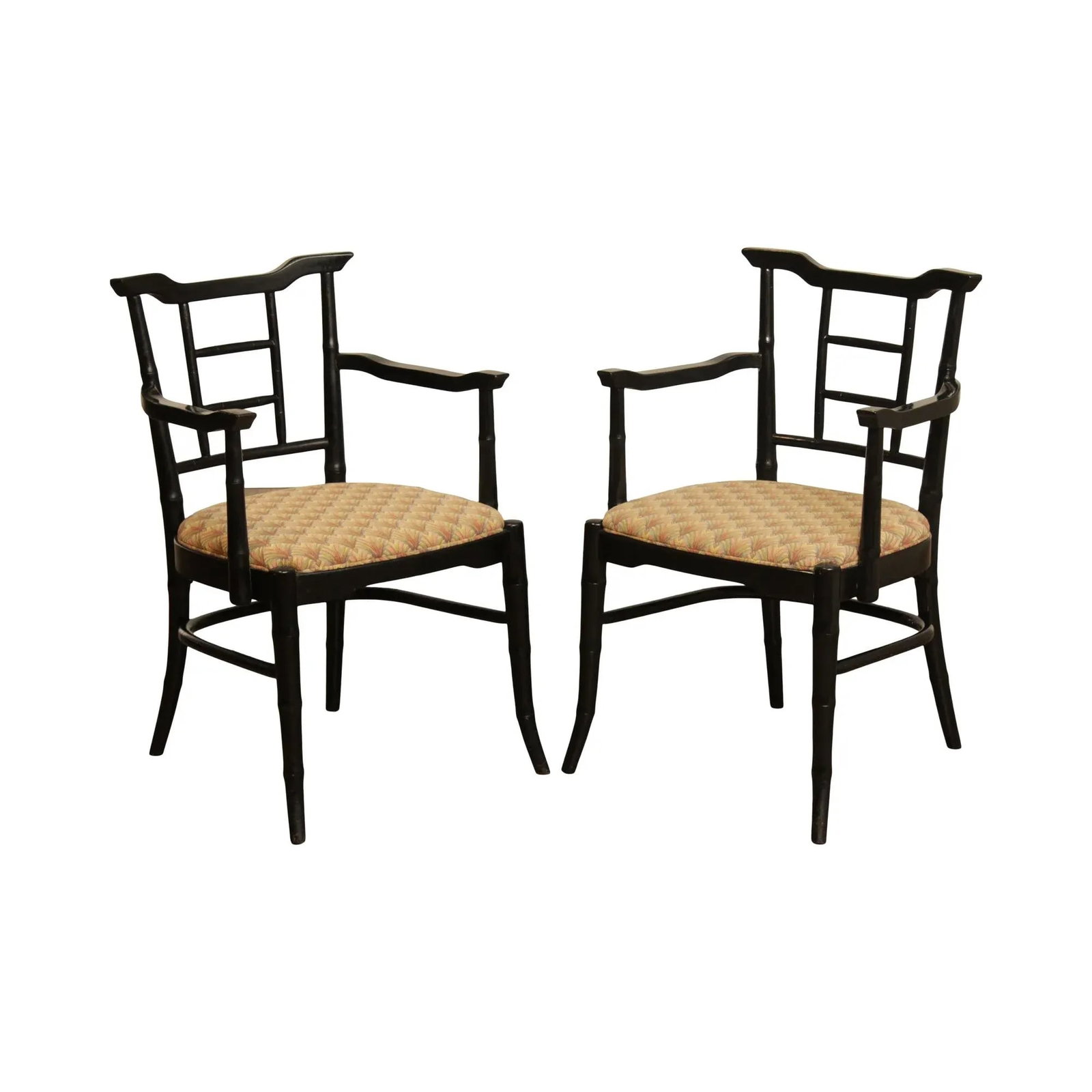 Mid Century Asian Style Faux Bamboo Lacquered Arm Chairs - A Pair - 13