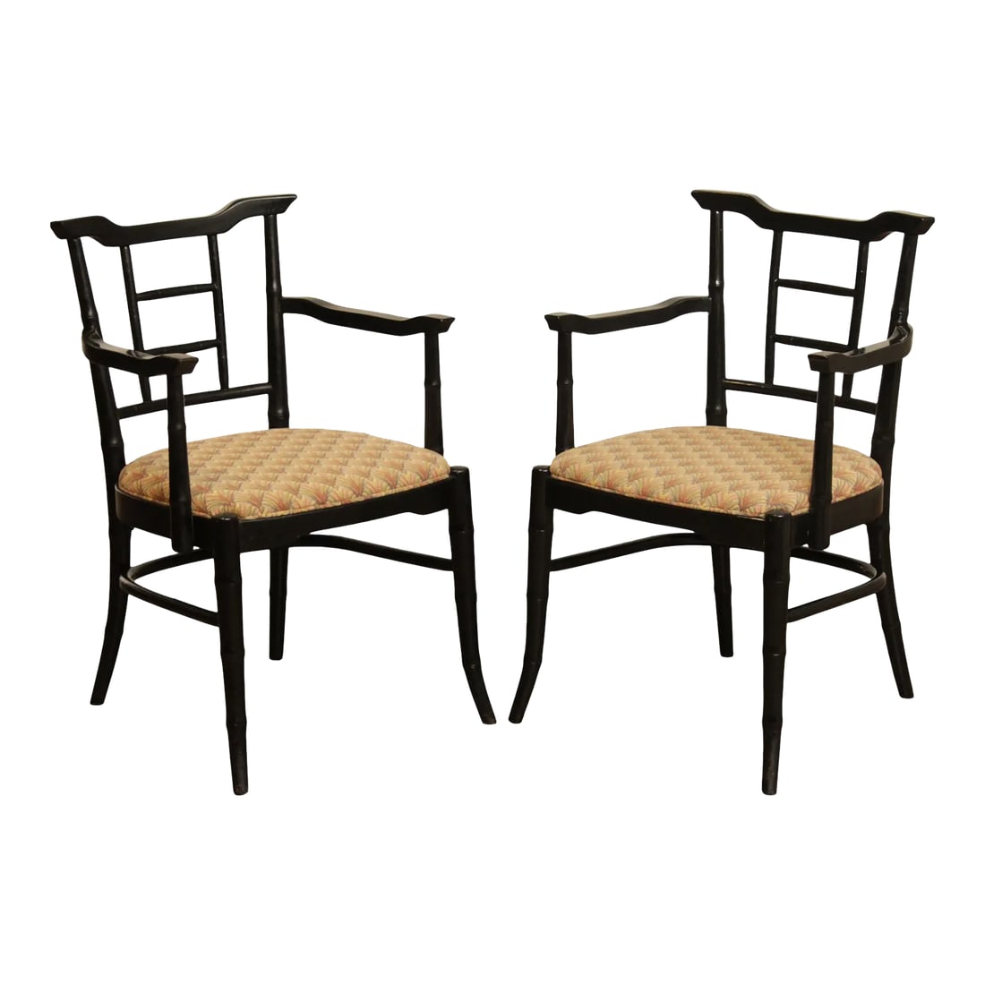Mid Century Asian Style Faux Bamboo Lacquered Arm Chairs - A Pair: High Quality Vintage Pair of Black Painted Faux Bamboo Wood Carved Frame Arm Chairs with Custom Upholstered Seats Condition: Alterations: Original Condition Unaltered Imperfections: Some Imperfections