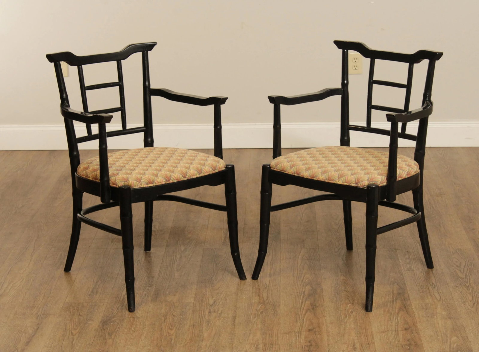 Mid Century Asian Style Faux Bamboo Lacquered Arm Chairs - A Pair - 2
