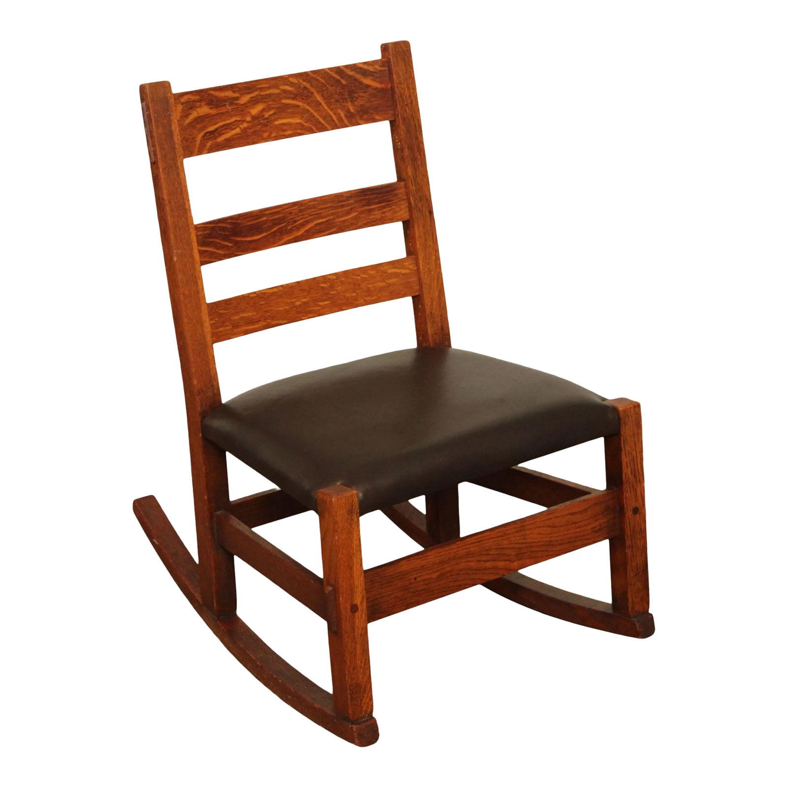 Mission Antique Oak and Leather Children's Rocking Chair: High Quality Vintage Solid Oak Child's Or Nursing Rocker with Black Leather Seat, Possibly By Stickley (Not Labeled) Condition: Alterations: Original Condition Unaltered Imperfections: Some Imperfecti