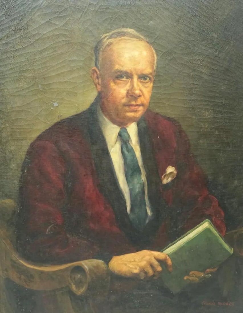 20th Century American School Portrait Painting of a Gentleman: American school. 20th century oil on canvas portrait of a seated gentlemen in a maroon velvet smoking jacket. Holding a green book. Signed George Parker. I.R. 28 by 36 overall Condition: Alterations: