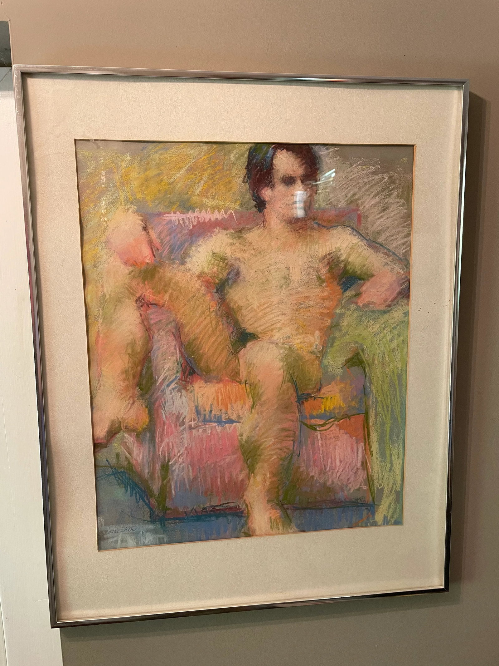 1970s Chalk Pastel Portrait Drawing of a Reclining Nude Man - 6