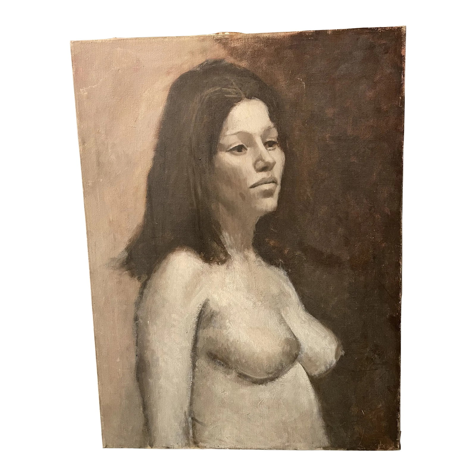 1970s Black and White Oil Painting of a Seated Nude Woman: 1970s portrait of a nude woman Condition: Alterations: Original Condition Unaltered Imperfections: Some Imperfections Condition Notes: Present very well. Materials & Techniques: Canvas Details: