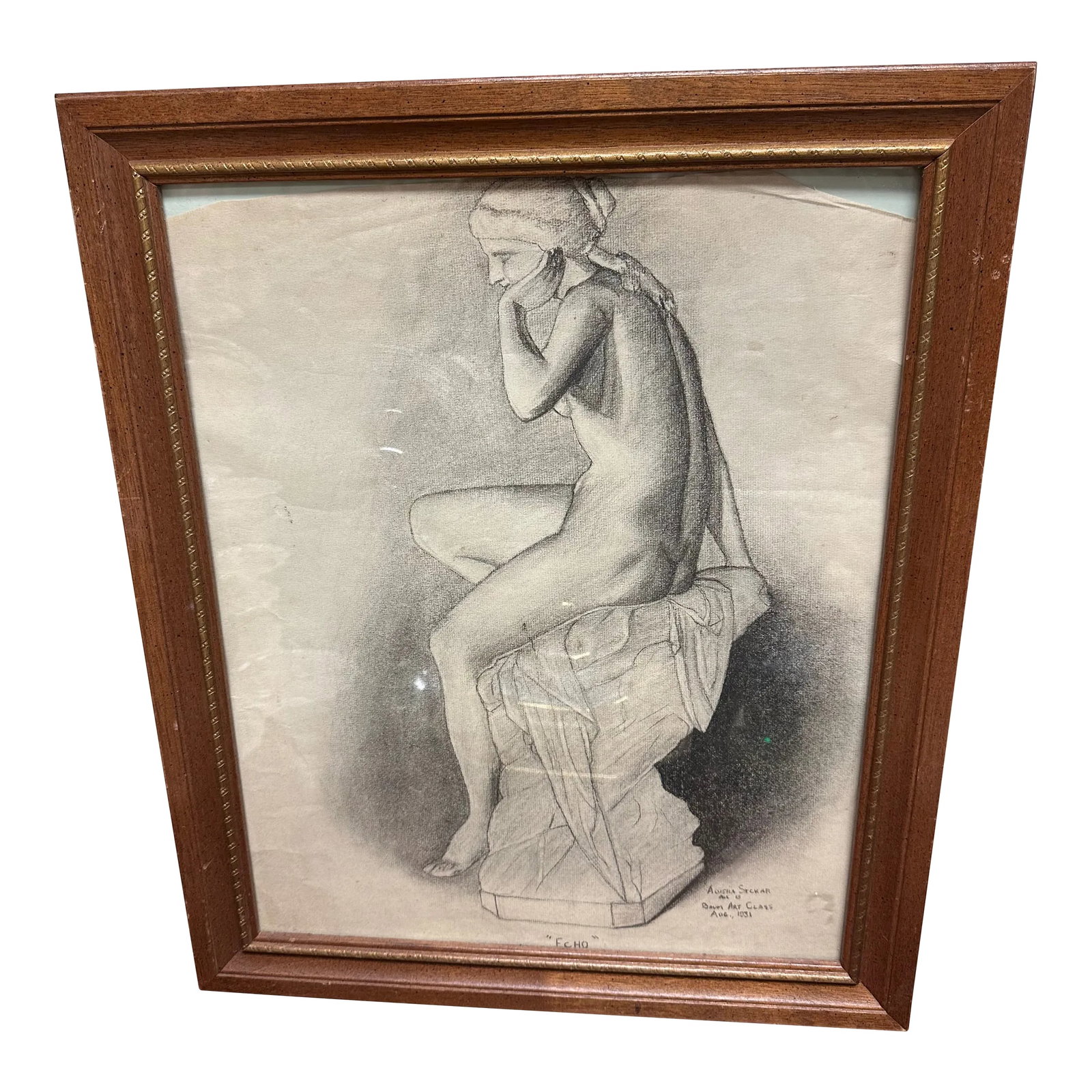Alvena Seckar Charcoal Drawing of a Female Nude Statue Echo: Done when the artist was quite young this a very nice example of her developing talent Condition: Alterations: Original Condition Unaltered Imperfections: Some Imperfections Condition Notes: Presents