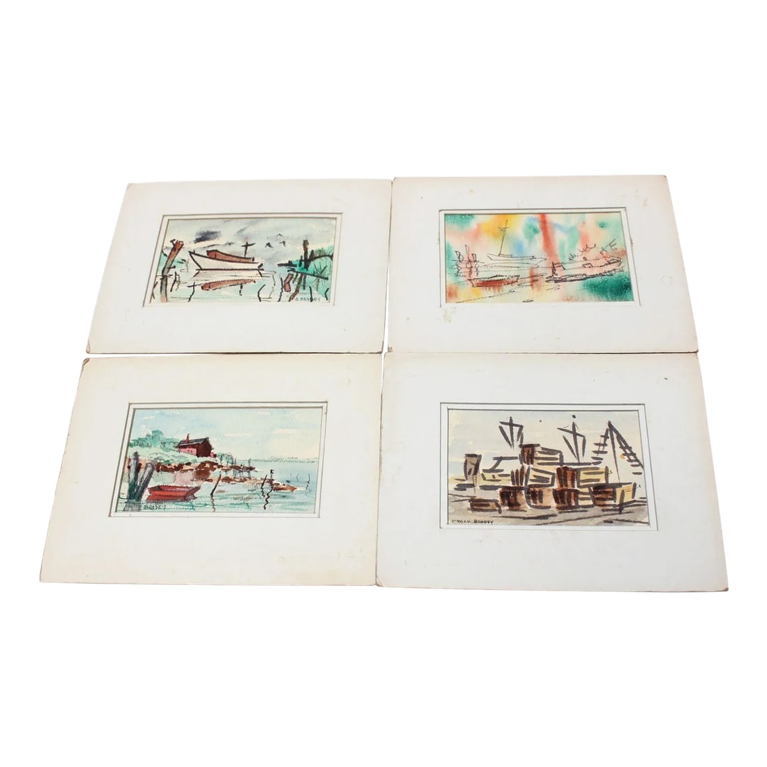 Collection of Boat Watercolors by Stanley C. Brodey: Set of four plein-art watercolors by New York artist, Stanley C. Brodey (1920 - 2001, Long Island, New York). Brodey drew inspiration from his native Long Island scenery, capturing the shoreline, beac